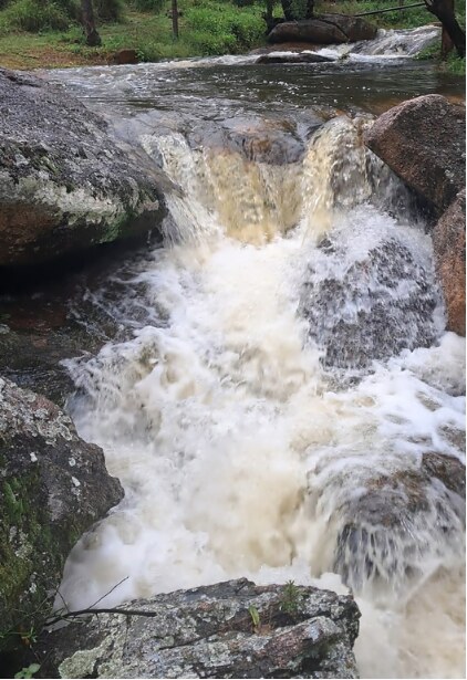 Water rushing through the rocky Hillside Dams spillway